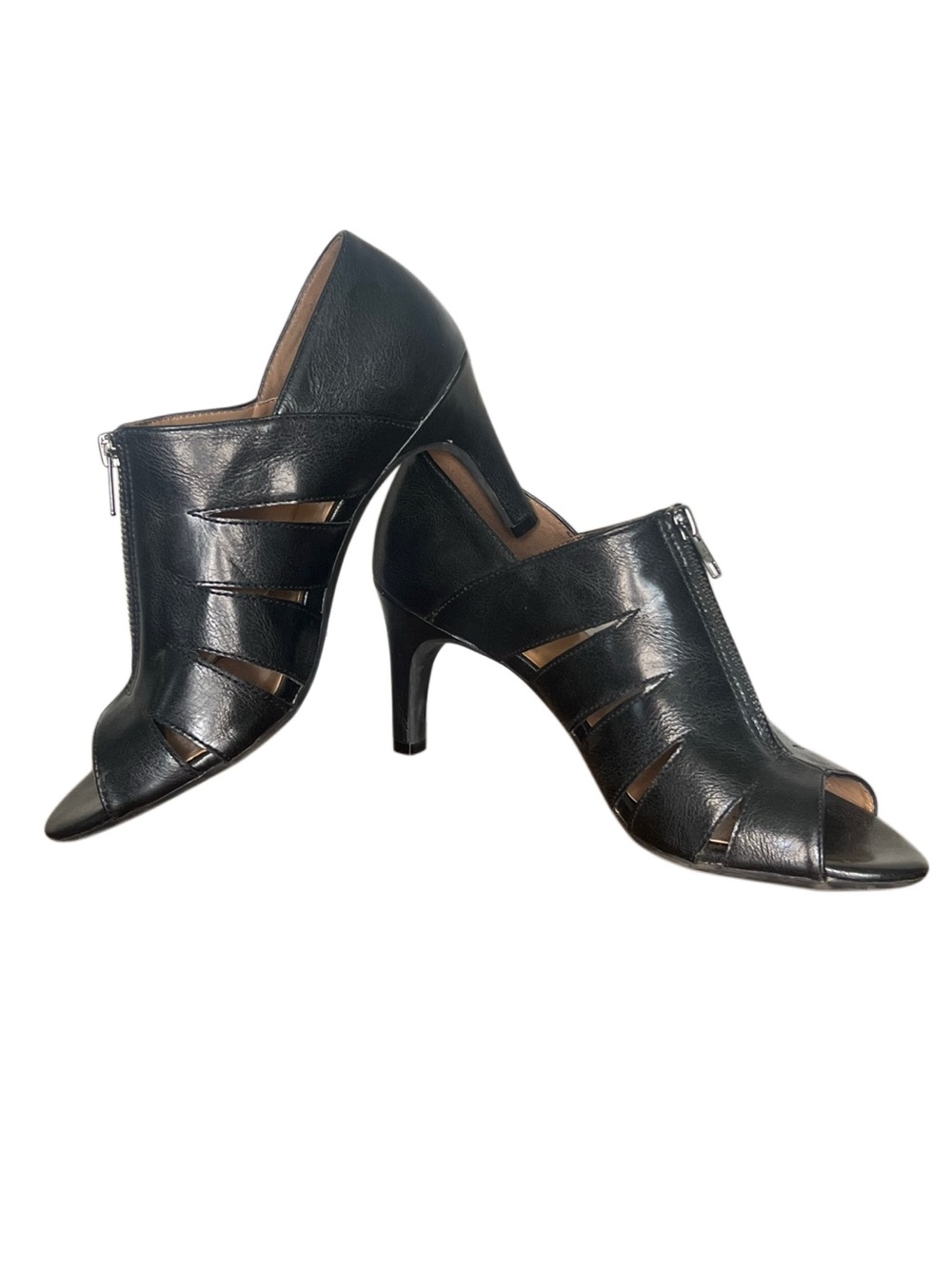 Black Leather Peep Toe Zip Front Shooties Heeled Ankle Booties Cutout Size 8.5 - Picture 5 of 12